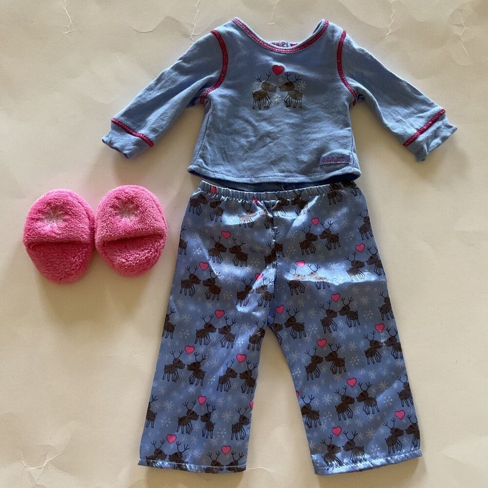 American Girl Doll Reindeer Pajamas Set PJ’s And Pink Slippers Only retired